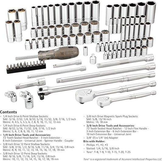Ingersoll Rand 101 Piece SAE/Metric Master Mechanics Tool Set, Includes 1/4" & 3/8" Drive, 76 Sockets, 72-Tooth Seal-Head Ratchets, Tools & Accessories ??752020