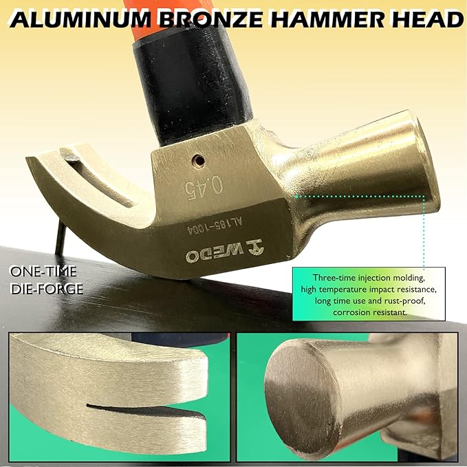 WEDO Non-Sparking Claw Hammer 32oz(2lb), Spark-free Safety Claw Hammer, Aluminum Bronze, Die-Forge, Corrosion Resistant, DIN Standard, 375mm Length