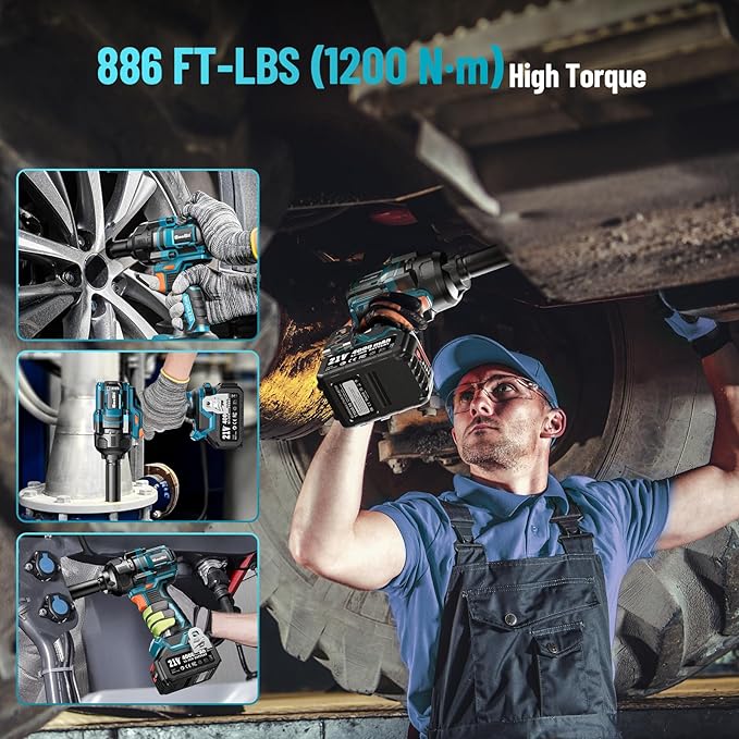 Seesii Impact Wrench 886 Ft-lbs(1200N.m), 1/2 High Torque Impact Gun with 21V 2x4.0Ah Battery, Electric Impact Driver, 2900IPM, 5 Socket, Cordless Impact Wrench for Home Car/Mower/Pickup/Truck RV