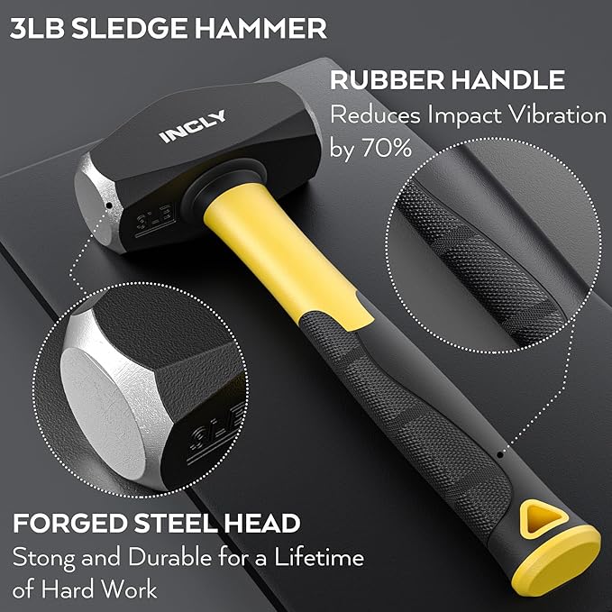 INCLY 8PCS Geology Rock Pick Equipment Kit, 3lb Sledge & 32oz Rock Hammer with 3PCS Concrete Chisel, Safety Goggles, Jewelers Loupe, Rock Hounding Equipment for Splitting, GoldMining, Stone Breaking
