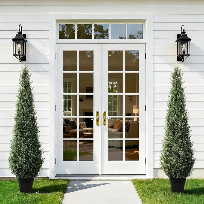 Artificial Trees for Outdoors, BUZIGUBY Artificial Cedar Topiary Trees, 5FT Topiary Trees Artificial Outdoors for Porch, Dense Arborvitae Tree for Front Door Patio Deck Balcony Yard Decor, 2 Pack