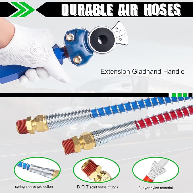 15Ft Air Brake Line Hoses & ABS Electrical Power Cord Assembly with Tender Spring Kit & Gladhands & Handles & Seals, Ailbiuko 1/2" NPT DOT Fittings Pigtail Trailer Semi Truck Air Hose