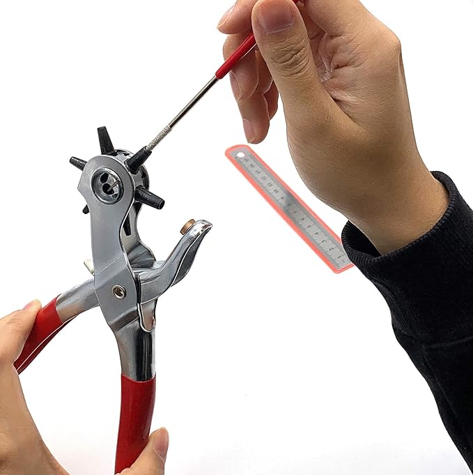 Adorox Heavy Duty Belt Hole Puncher for Leather ??6 Size Revolving Leather Hole Punch Tool with Ruler & Deburring File, Perfect for Straps, Belts, DIY Leathercraft, and Repair