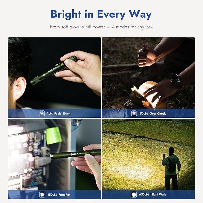 WUBEN PL01 Pen Light, 650 Lumens Pocket EDC Flashlight Rechargeable, Bright LED Pen Flashlight, IP68 Handheld Flash Lights, Compatible 2 AAA Battery for Home, Outdoor, Emergencies, Inspection