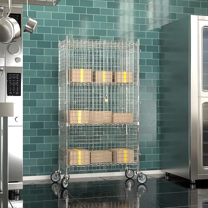 Commercial Grade NSF Listed Metal Wire Mesh Storage Chrome Mobile Security Cage Kit, 18" x 36" x 70", Perfect for Warehouse, Grocery Store, Restaurant, Dishroom