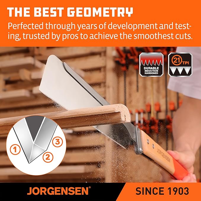 JORGENSEN Japanese Pull Saw, 9.5 Inch Pro Folding Dovetail Saw with Beech Wood Long handle, SK5 Steel Blade Tool-less Quick Change, 21TPI Cross Cut Woodworking Handsaw for Hardwood, Softwood