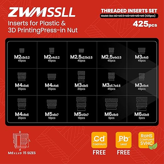 Threaded Inserts for Plastic,M3+M2+M2.5+M4+M5+M6 Heat Set Insert,425Pcs Metric Knurled Brass Nuts Assortment Kit,for 3D Printing