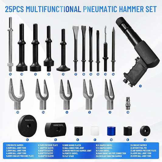 25PCS Multi-functional Pneumatic Hammer Piece Chisel Set, Air Hammer Kit, 2100 BPM Quick Change Retainer Air Hammer with Shovel Heads, Ball Joint Separator Set, Air hammer Bits (Black)