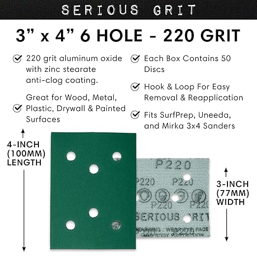 Serious Grit - 3" x 4" 6-Hole 220 Grit Sanding Sheets - Fits Surfprep, Uneeda Ekasand, Mirka DEOS 343 - Heavy-Duty Hook & Loop Film Abrasive Pads - Sandpaper for 3x4 Sheet Sanders - 50 Pack Box