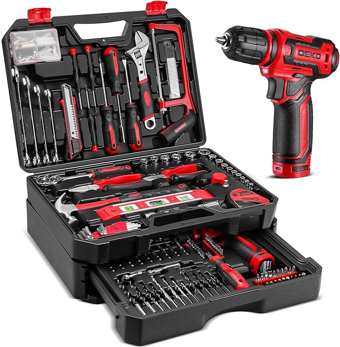 Drill Tool Set竊숿ool Kit with 12V Power Cordless Drill Hand Repair Tools Box with Drill, Home Tool Kits for Men & Women, Hand Drill Set Perfect for Homeowner, Diyer, Handyman - Red