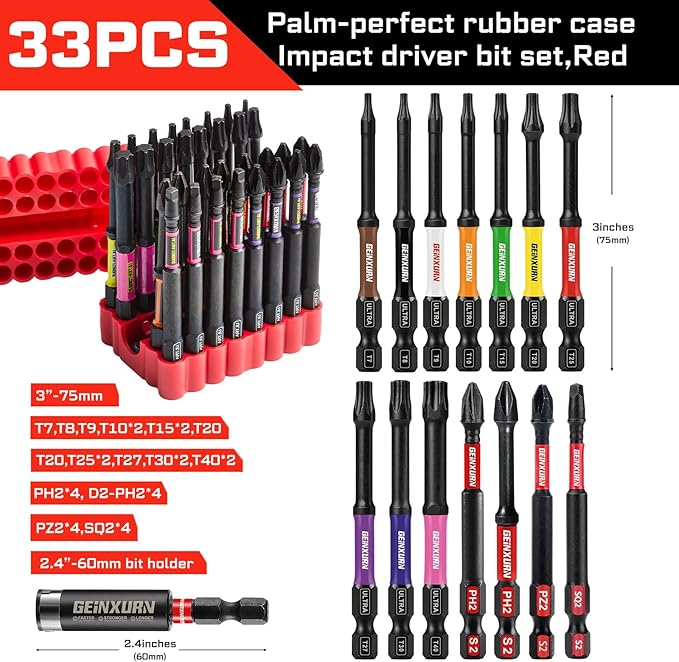 Impact Screwdriver Bits Set, 33 Pieces 3?쒶ulti Head Magnetic S2 Steel Driver Bits PH/SQ/Torx/Pozi With Red Soft Base