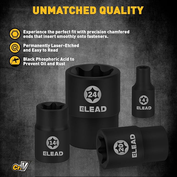 14-Piece Female E-Torx Star Socket Set with Magnetic Storage Rail, 1/4", 3/8", 1/2" Drive E4 - E24 External Impact Socket Set, Chrome Vanadium Steel, High Visibility Markings