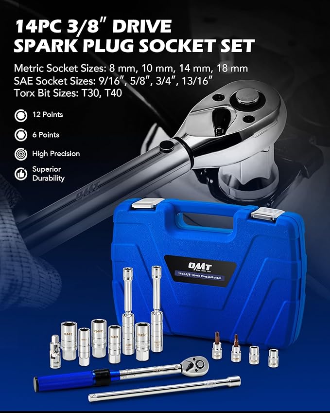 Orion Motor Tech 14pc Spark Plug Socket Set, 3/8 Inch Drive Magnetic Swivel Spark Plug Socket Set with Torque Wrench, Torque Bits, Universal Joint and Extension Bar, 5-45 ft.lb Spark Plug Removal Tool