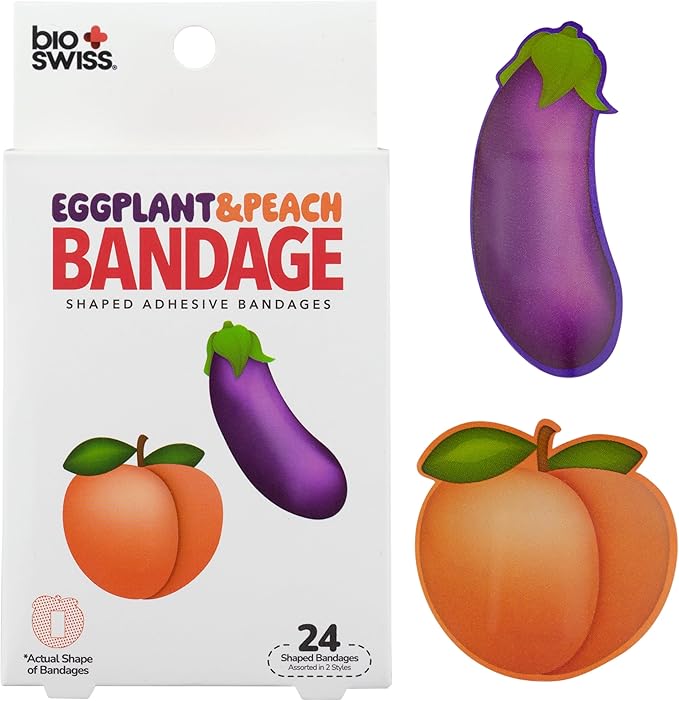 BioSwiss Funny Bandages, Eggplant and Peach Shaped Adult Novelty Self Adhesive Bandage Set, Latex Free, Sterile Wound Care, 24 Count