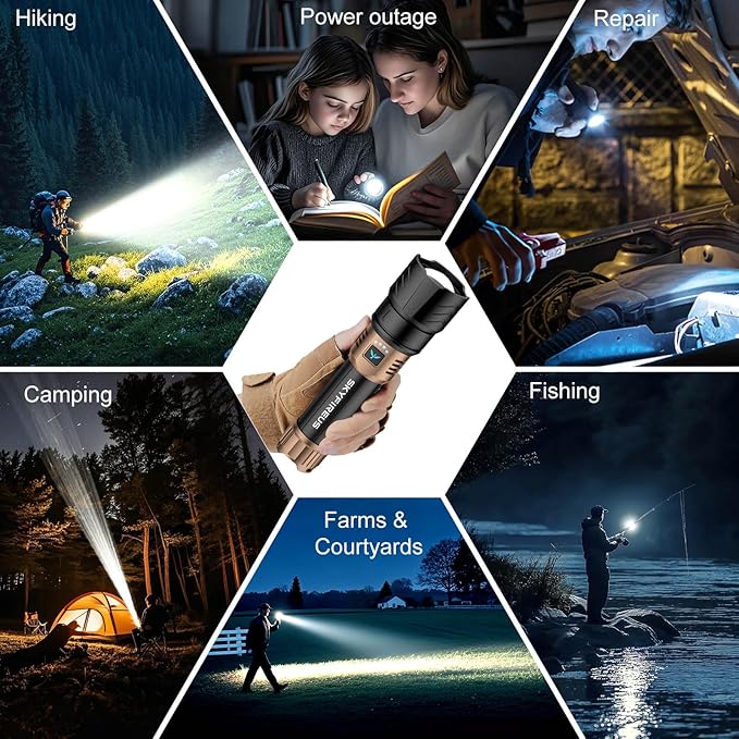 SKYFIRE Rechargeable Flashlight High Lumens,Super Bright Flashlight,Zoomable,Four Modes,Waterproof LED Flash Light for Camping Essentials,Outdoor and Home Emergencies-8000mAh