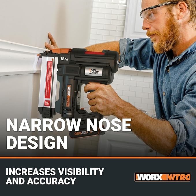 Worx Nitro 20V 18GA Cordless Brad Nailer, Cordless Nail Gun, Nail Gun Battery Powered, Up to 2 Inch, Tool-Free Jam Release, Trimming & Molding, Baseboard WX842L PowerShare ??Battery, Charger Included