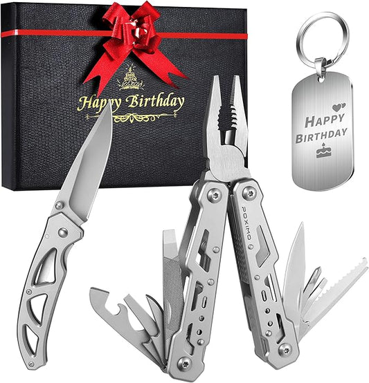 Multitools Set ?쏦APPY BIRTHDAY?? Gift for Birthday 14-in-1 Multi-tool Pliers, Pocket Knife & Keychain Tag, 3-Piece EDC Kit for Camping, Hiking - Premium Gift Box for Men Women