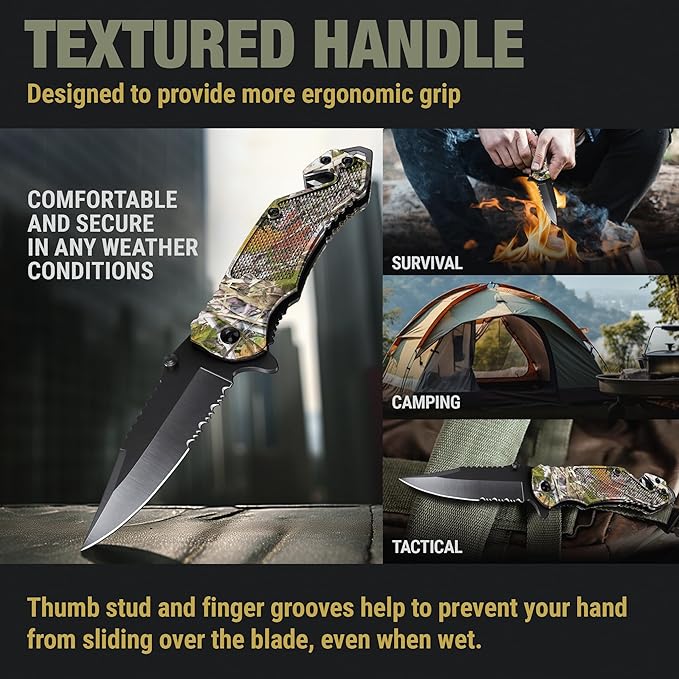 GOOD WORKER Legal Pocket Knife with 2.95??Serrated Blade, Glass Breaker, Seat Belt Cutter - EDC Sharp Folding Knives with Portable Clip - Small Tool for Tactical Camping Survival Hiking - Gifts for Men, Women