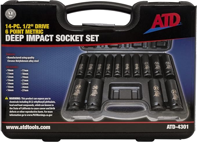 Deep Impact Metric Socket Set 1/2-Inch Drive 14 Piece with Large Visible Markings for Quick Identification, 10mm to 19mm, plus 21mm, 22 mm, 26mm and 27mm Sockets