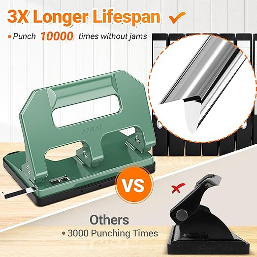 AFMAT Heavy Duty 3 Hole Punch, 3 Hole Puncher for Binder, 40-Sheet Three Hole Punch w/ 10000+ Uses, Metal Hole Puncher 3 Ring, 50% Reduced Effort, 9/32inch Hole, Bulit-in S.S. Paper Guide HPX1(Green)