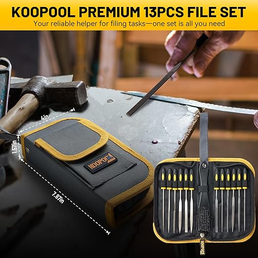Needle Files Set, 13PCS with 6 Diamond File & 6 Steel Files, Cleaning Brush & Tool Bag for Jewlers Wood Metal Work DIY