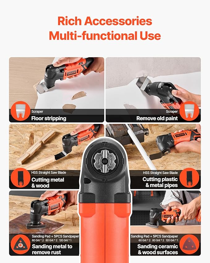VEVOR Cordless Oscillating Tool, 20V Multitool Oscillating Tool with 6 Variable Speeds 8500-17000 OPM, 3.2째 Oscillating Angle, 8PCS Saw Accessories & LED Work Light (Battery Pack Not Included)