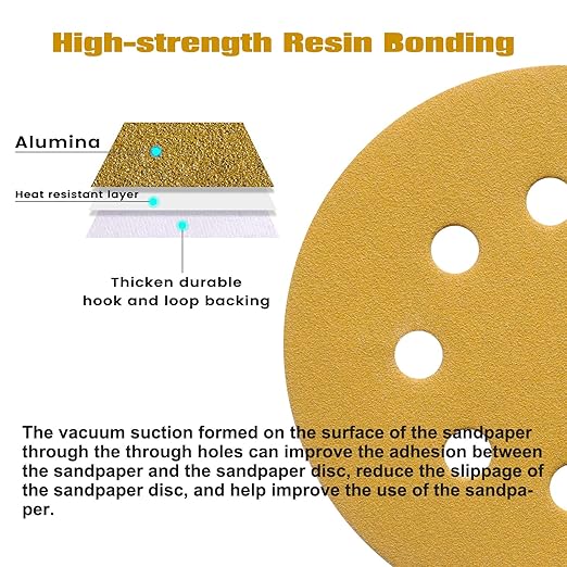100PCS 5 Inch 8 Hole Sanding Discs 100 Grit,Gold Round Hook and Loop Sandpaper for Random Orbital Sander