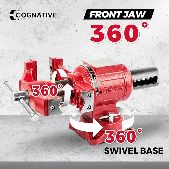 COGNATIVE Upgraded UPG 5-Inch Terminal Location Bench Vise with Ductile Iron Bench Vise 360째 Multi-Purpose Bench Vice with Anvil and Positioning Pins, Clamp force 8800lbs, Red Swivel Vise
