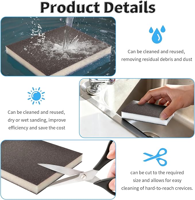 6 Pcs Sanding Sponge 180 Grits Wet Dry Sandpaper Sponges Washable & Reusable Sanding Blocks Double Sided Abrasive Sponge for Wood, Metal, Drywall & Furniture Polishing Grey