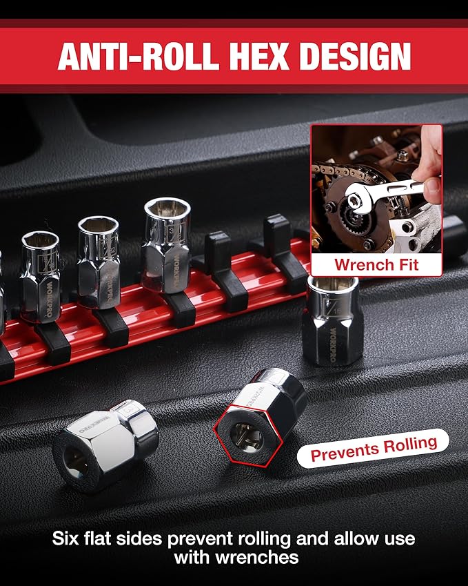 WORKPRO 1/4" Drive Socket Set, 10-Piece SAE CR-V Socket Set with Sturdy Socket Organizer, 6-Point Standard & Shallow Sockets 5/32" to 9/16", External Hex Socket Set with Socket Rail for Anti Rolling