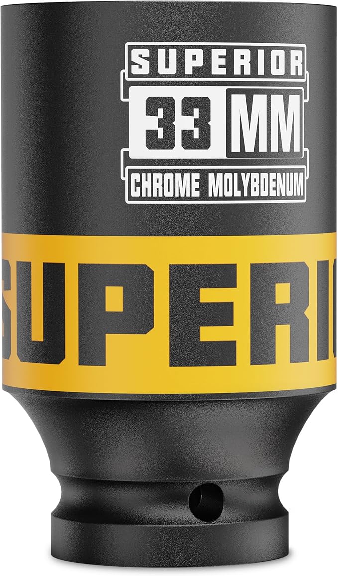 1/2" Drive Impact Socket, 33 mm Deep Socket, Metric, 6 Point, CR-MO, for Automotive Maintaince Truck Tires Jumbo Fasteners