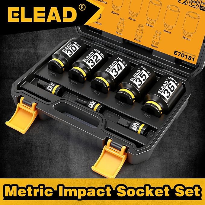 1/2" Drive Axle Nut Socket Set, 8-Piece 12-Point Metric Wheel Axle Nut Wrench Large Jumbo 30mm 32mm 34mm 35mm 36mm, Hex Bit Socket 14mm 17mm 19mm, Car Spindle Joint High Torque Truck Bearing Locknut
