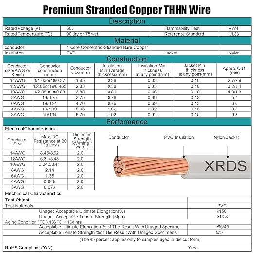 XRDS -RF 3AWG THHN Electrical Wire 50FT ??Stranded Bare Copper Conductor with PVC and Nylon Insulation, Heat and Oil Resistant Cable for Indoor & Outdoor Wiring