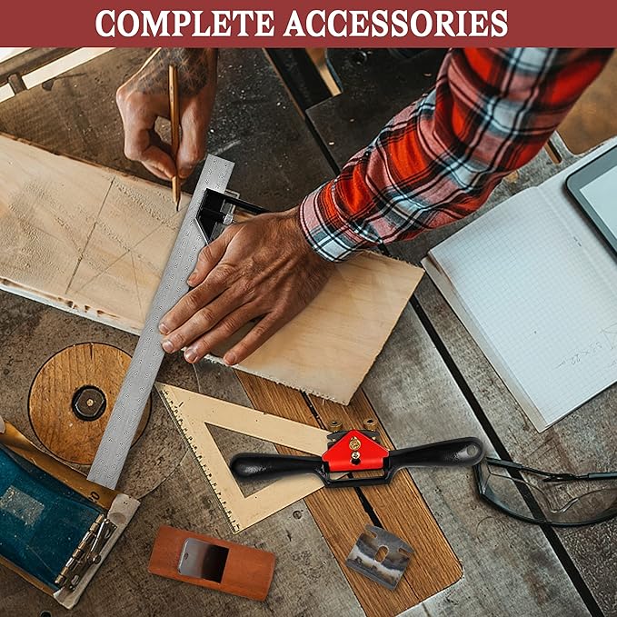 9” Adjustable SpokeShave, Hand Planer Woodworking with Flat Base, Replacement Blades and Ruler, Manual Wood Planer for Wood Working, Wood Craft
