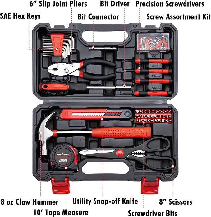 CARTMAN 126-Piece Home Tool Set Kit, Basic Household Hand Tools with Storage Case Red
