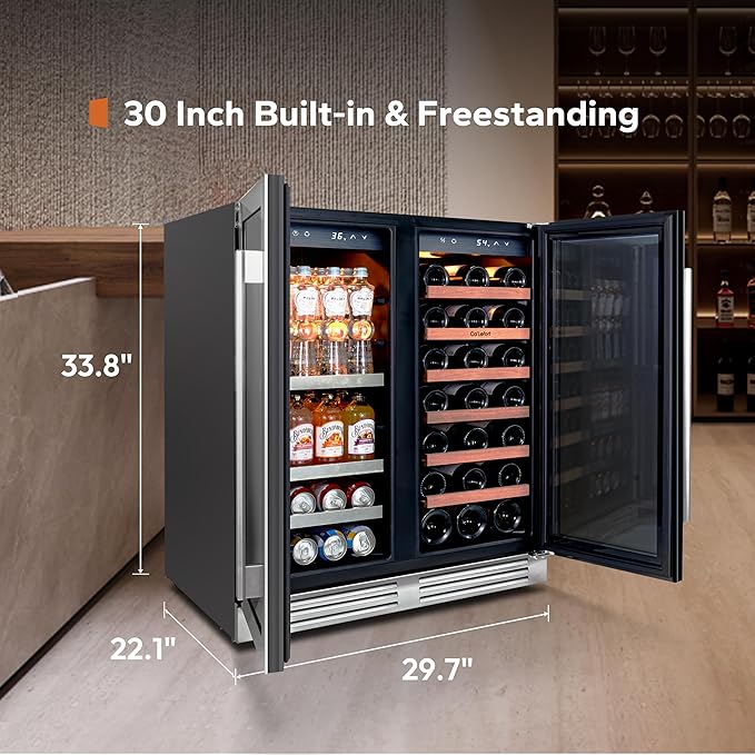 Ca'Lefort 30 Inch Wine and Beverage Refrigerator, 80 Can and 33 Bottle Wine Fridge Dual Zone 36-72째F, 3 LED Beverage Fridge Built in or Freestanding, Perfect for Home/Kitchen(6.00 cu.ft)