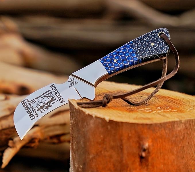 Stainless Steel Lineman's Hawkbill Knife, Fixed Blade,Full Tang, Wire Skinning, Utility Tool with Leather Sheath