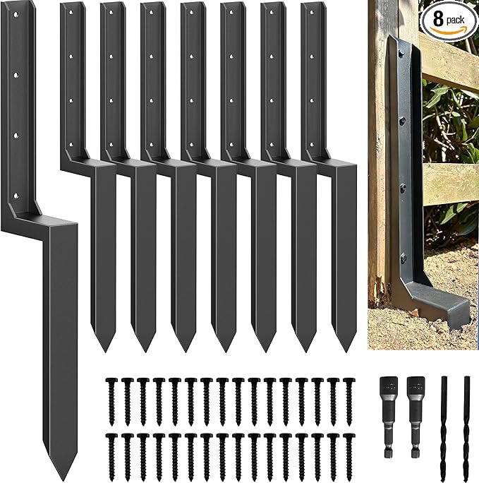 Fence Post Repair Kit - One-Piece Steel Anchors & Stakes to Quick Fix Broken/Leaning 4x4/6x6 Wood Posts Support (Thickened 11-Gauge, 8-Pack)