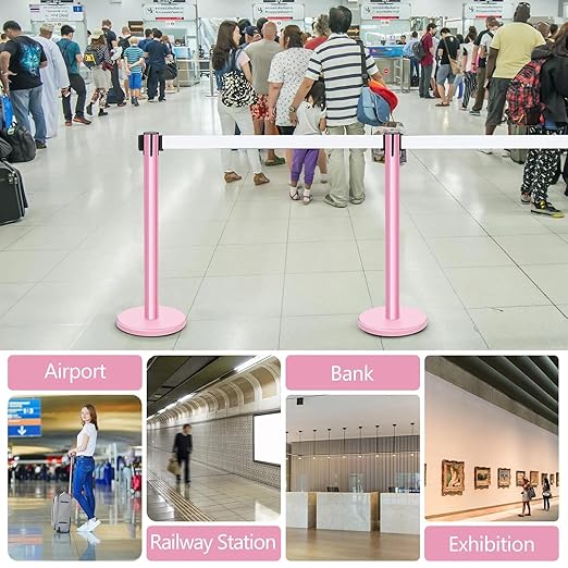 Therwen 6 Pack Heavy Duty Crowd Control Stanchions 9.8 ft Stainless Steel Stanchion Set with 6 Safety Barrier Post Retractable Belt and 1 Sign Holder Crowd Control Barrier(White Belt,Pink)