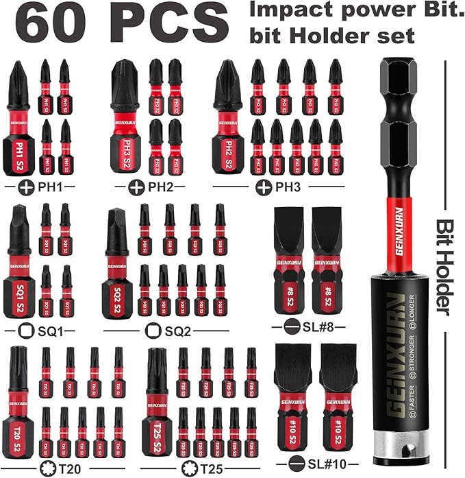 Screwdriver Bit Set with PH1/PH2/PH3/SQ1/SQ2/T20/T25/SL8/SL10 and 1Pcs Impact Bit Holder, 60Pieces Impact Rate Insert Driver Bit Set