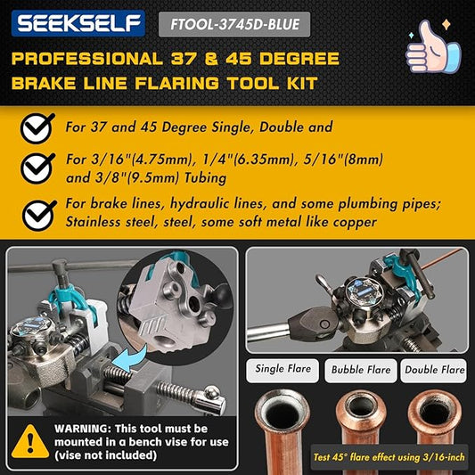 Professional Brake Line Flaring Tool Kit for 45 & 37 Degree Single, Double and Bubble Flares, 3/16", 1/4", 5/16", 3/8" and 4.75mm Steel Copper Metal Tubing