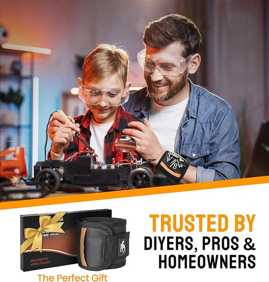 HiRui Magnetic Wristband for Tools ??Ultra-Strong 15 Neodymium Magnets Hold Screws, Nails & Bits, Dual Pockets ??Hands?멑ree for DIY, Home Repairs, Auto ??Gift?멢eady for Dad, Husband, Grandpa (Black)