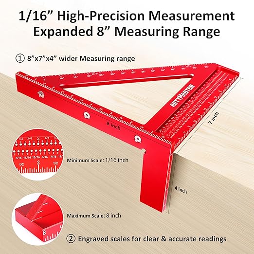 8 inch 3D Multi-Angle Measuring Square Ruler, WT103C High Precision Hole Scribing Woodworking Tools, 0-90째 Aluminum Alloy Carpenter Square with Stair Gauges, Carpenter Pencils 6 Refills.