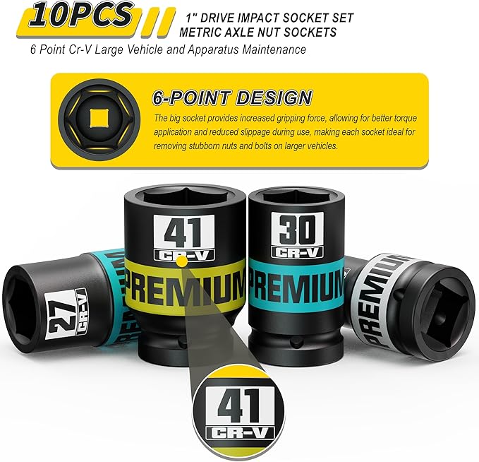 10 Piece 1" Drive Impact Socket Set, Metric Axle Nut Sockets, 21-41mm Thicker Jumbo Sockets, Socket Set, 6 Point, Cr-V, Vehicle and Apparatus Maintenance