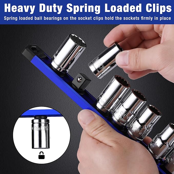 WORKPRO Magnetic Socket Organizer Set, 3-Piece Aluminum Alloy Socket Rail, Heavy Duty Socket Holder, Socket Rack Kit 1/4-Inch x 12 Clips, 3/8-Inch x 10 Clips, 1/2-Inch x 10 Clips (Blue)