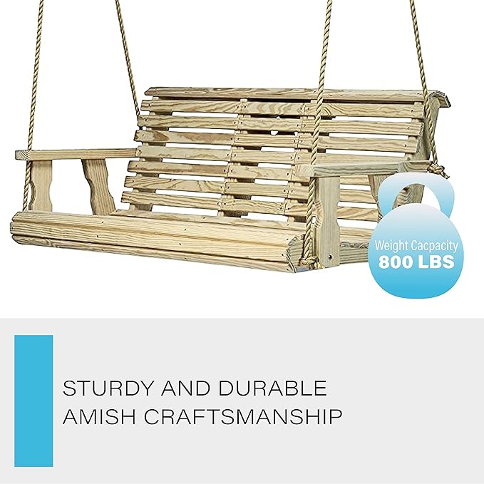 Porchgate Amish Heavy Duty 800 Lb Rollback Console Treated Porch Swing with Hanging Ropes (Unfinished)