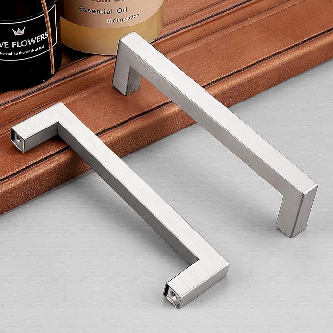 Probrico (10 Pack) 5 inch Holes Centers Square Kitchen Cabinet Handles Stainless Steel Cabinet Drawer Handles Brushed Nickel Euro Bar Pulls 5-1/2 inch Total Length