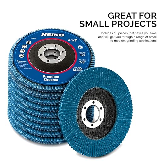 NEIKO 11146A Premium Zirconia Flap Disc | 4.5" x 7/8-Inch, 120 Grit, Flat Type #27-10 Pack