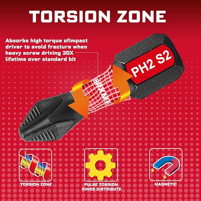 30Pieces Magnetic #2 Phillips 1 in. Hex Anti-Slip Screwdriver Bits, 1/4 Inch Hex Shank Impact Tough PH2 Cross Screwdriver Bits Set