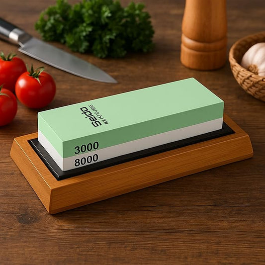 Seido Knives Double-Sided Sharpening - Non-slip Whetstone Rubber Base Bamboo Non-slip Base Flattening Stone Angle Guide Complete Sharpening Kit for Precision Edge